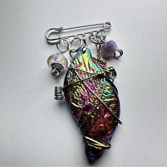 Artisan Jewelry - Collage Brooch Artisan Multicolor Wire-Wrapped Pin handmade